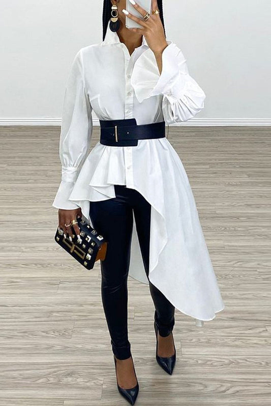 Asymmetric Hem Flare Sleeve Shirt Without Belt