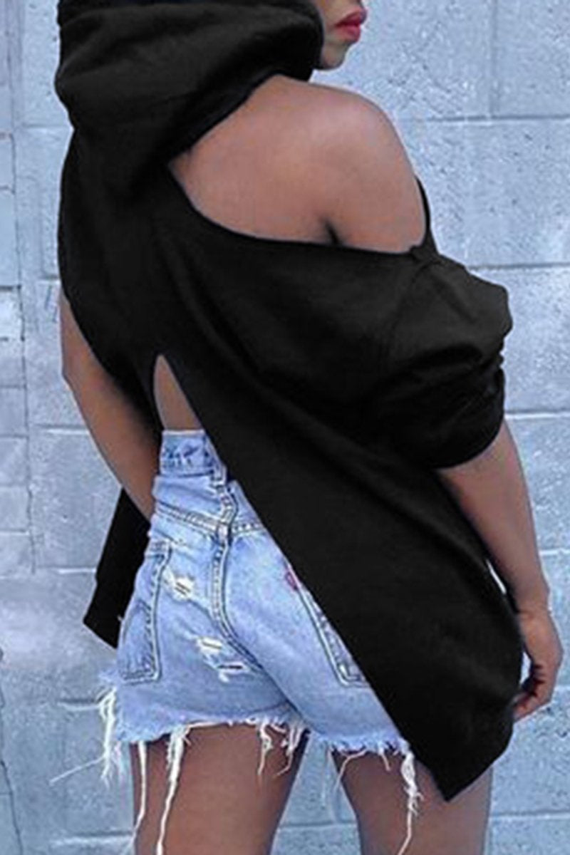 Back Slit Letter Print Cold Shoulder Hoodie