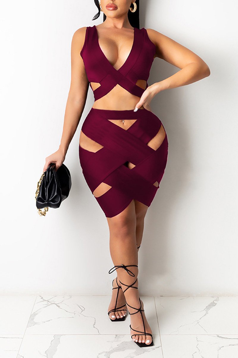 Bandage Cutout Solid Color Two Piece Dresses