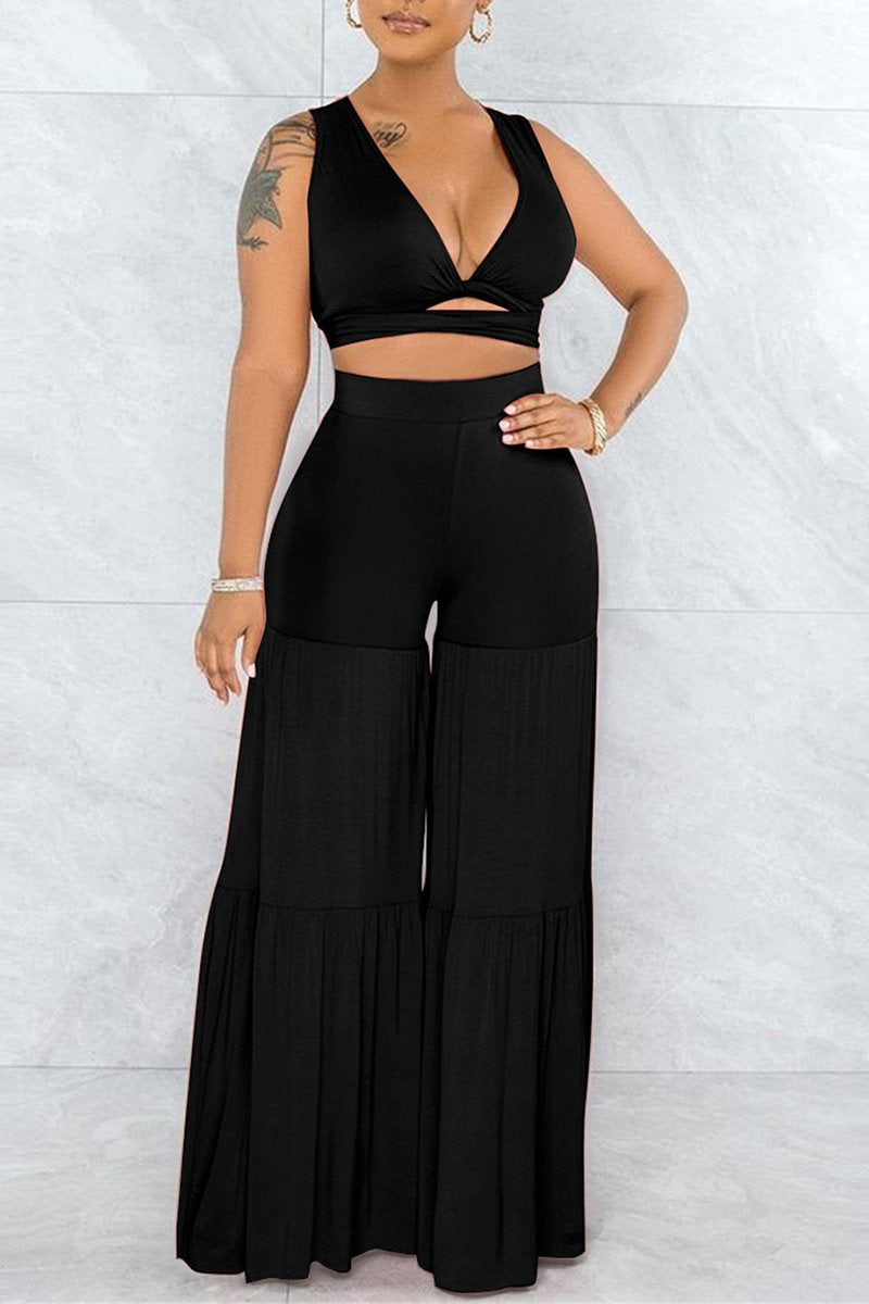 Bandage Ruffled Hem Wide Leg Top & Pants