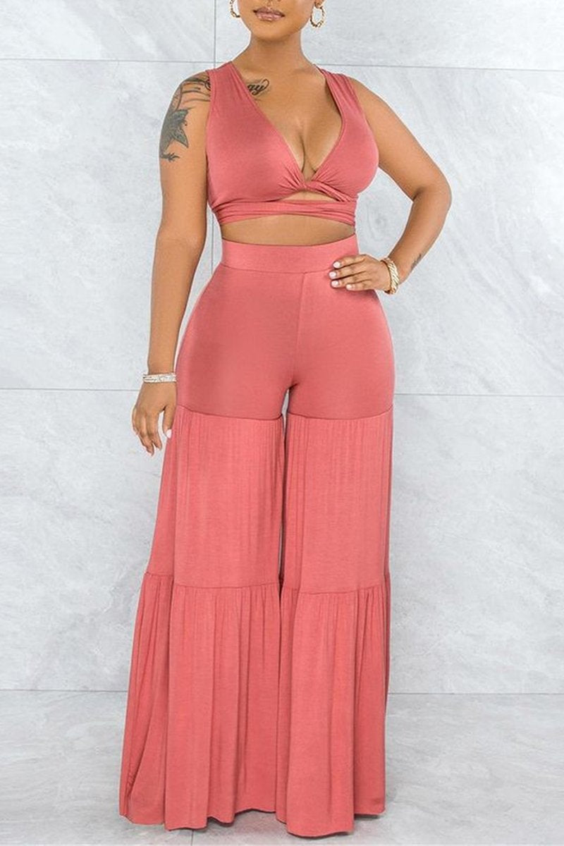 Bandage Ruffled Hem Wide Leg Top & Pants