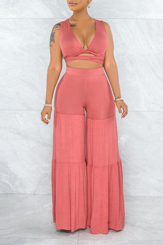 Bandage Ruffled Hem Wide Leg Top & Pants